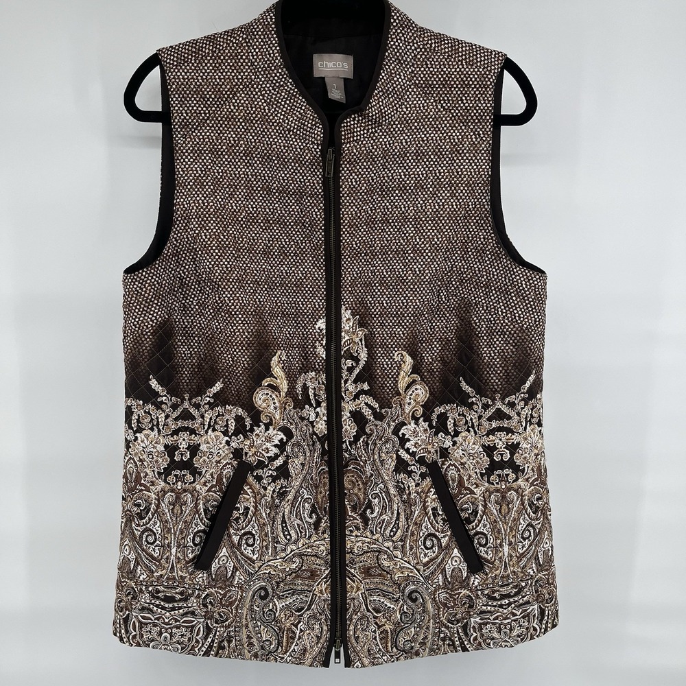 Chico's Brown & Cream Ornate Quilted Zip-Front Vest